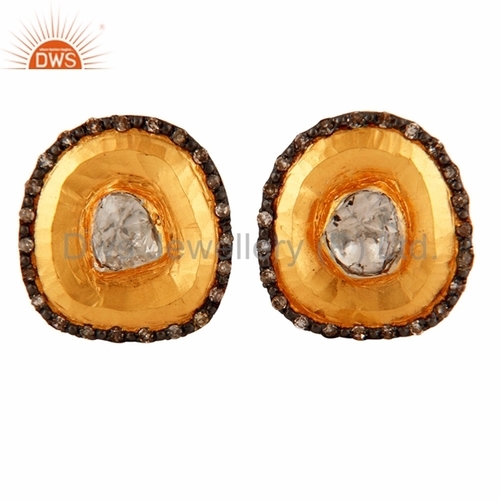 Yellow Rose Cut Polki Diamond Solid Gold Earrings