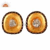 Yellow Rose Cut Polki Diamond Solid Gold Earrings