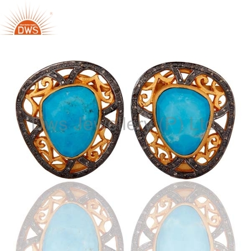 Turquoise Gemstone Pave Diamond Stud Earrings - 925 Sterling Silver, Round Brilliant Cut Diamonds, Customizable Designs and Colors