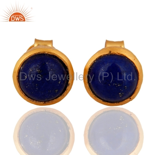 Gold Plated Sterling Silver Lapis Lazuli Stud Earrings - 18k Gold Over 925 Silver 3.940 Gms Weight Blue Gemstone Elegance