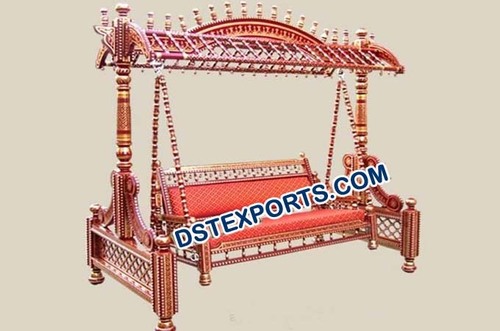 Indian Wedding Cherry Gold Jhula - Wood & Hand-Carved Silver Plated Brass Custom Sizes Elegant Fabric Upholstery