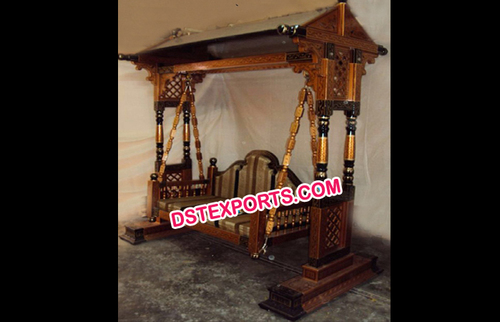 Wedding Maharaja Jhula - Treated Wood and Silver-Plated Brass, Brown, Variable Size | Hand-Carved, Cushioned Seating, Elegant Wedding Mandap Swing