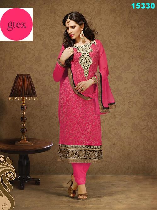 Pure Georgette First Look - Pink Georgette Suit, Shantoon Bottom, Chiffon Dupatta | Lightweight, Fine Finish, Vibrant Beads, Perfect Stitch