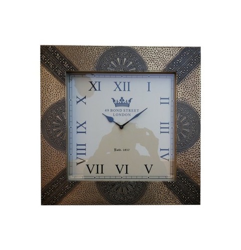Square Antique Brass Fitted Wooden Wall Clock