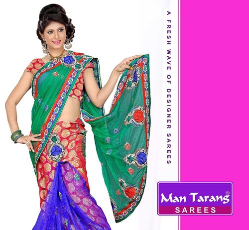 Man Trang Sarees - Georgette 5.5 Meters Green Light Orange Blue, Embroidery Shatoon Cut Work Net, Elegant Stylish Comfortable