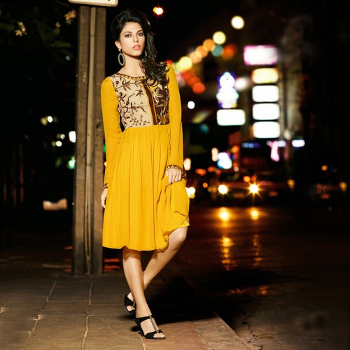  YELLOW GEORGETTE DESIGNER KURTI