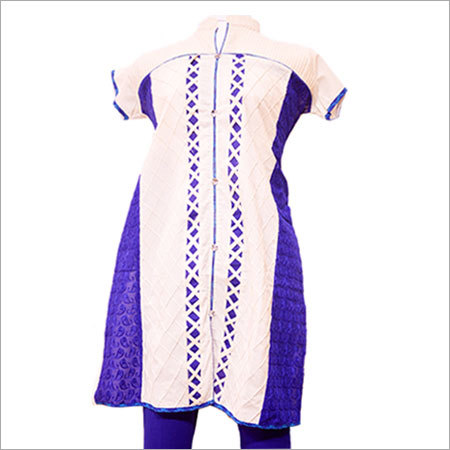 Cotton Kora Embroidery Kurti - 100% Cotton, Chest 44 Waist 42 Hip 44 Length 38, Royal Blue, Machine Embroidery, Slim Fit, Side Panel
