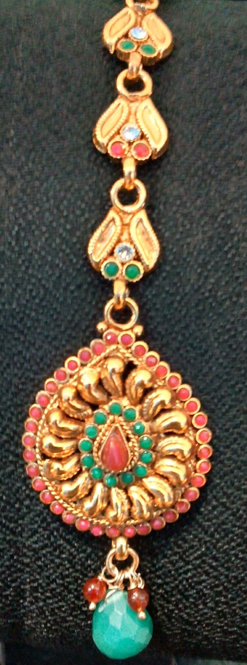 Maroon Green Antique Maang Tikka