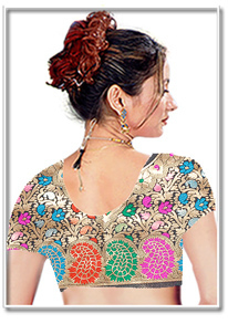 Designer Blouse - Silk Blend, Size Specific, Gold | Hand Embroidery, Unique Back Pattern, Round Neck, Short Sleeves