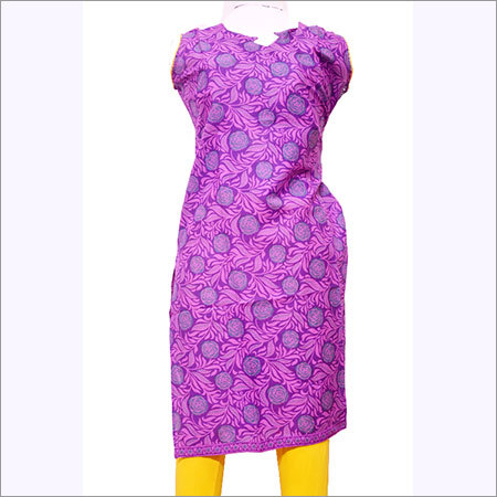 Cotton Print Kurti - 100% Cotton, Chest 42, Purple & Magenta Floral Print | Straight Fit, Designer Neck, Sleeves Inside
