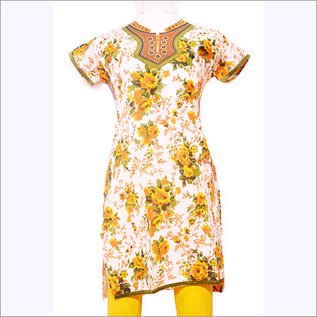 Cotton Embroidery Kurti - Chest 42, Waist 40, Hip 44, Length 37 | Yellow & Green Floral Print, Resham Embroidery, Straight Fit, Round Neck