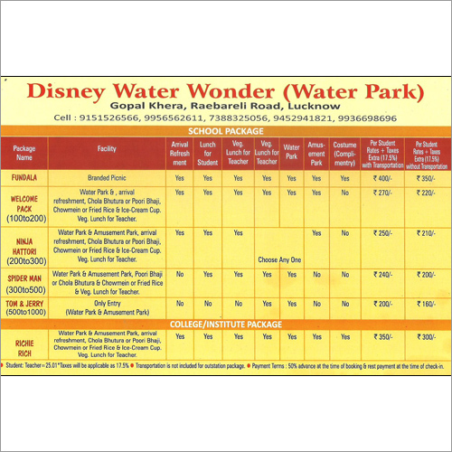 Disney Water Wonder Water Park Tariff