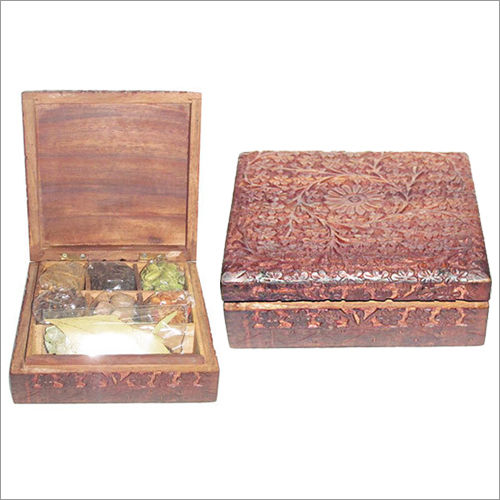 Square Seven Indian Spices In Nice Wooden Carved Box