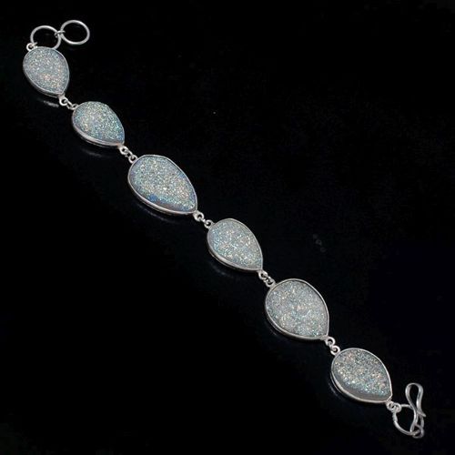 9 INCH  WHITE DRUZY PEAR SHAPE  925 SILVER PLATED READY TO WEAR BRACELET 92CTS 6 PCS