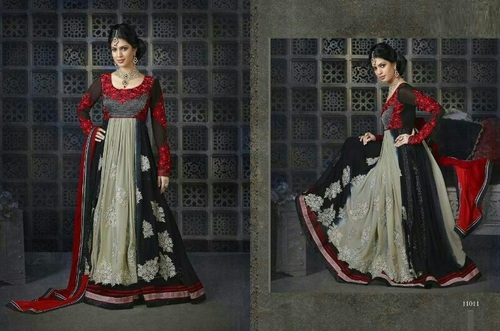 DRISHTI COLLECTION - Silk Blend, Custom Size, Red | Embroidered Anarkali, Floor Length, Elegant Party Wear