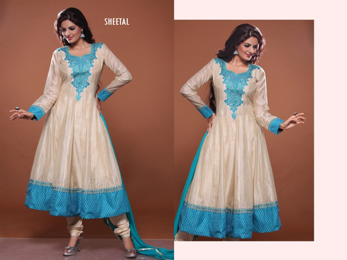SIYA COLLECTION - Silk Cotton Chanderi 52 Inch Off-White Top, Neckline Embroidery, Long Sleeves, Elegant Style