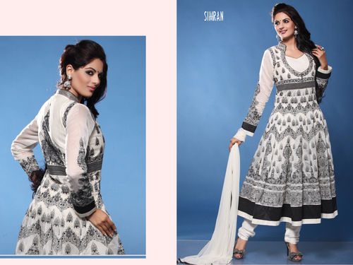 SIYA COLLECTION - Chanderi Fabric, White, Anarkali Style | Computer Work, Shiffon Dupatta, Elegant Design