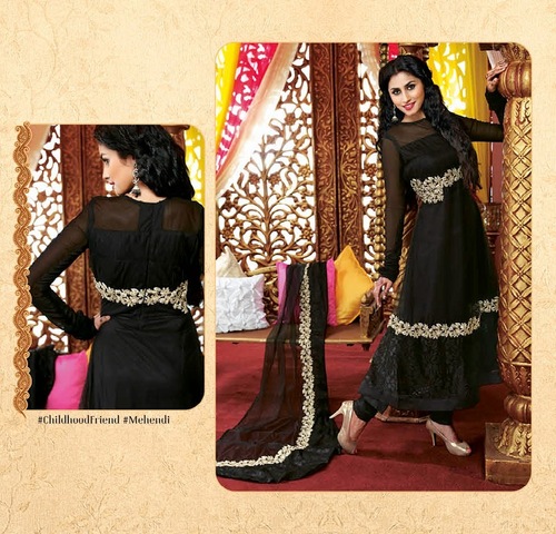 Black Designer Long Length Salwar Kameez - Georgette, Floor Length, Black | Anarkali Style, Gold Hand Embroidery, Elegant Design, Customizable Size