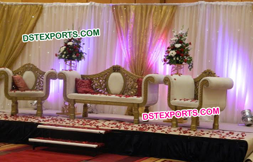 Wedding Stage Carving Sofa Set - Wood, White, Three Seater, Pre-Assembled | Elegant Design, Royal Look, Intricate Carving, Comfortable Seating