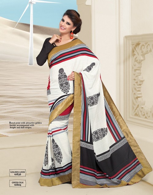 Green silk White Designer saree