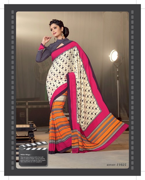 Styloce Multi Color Khayati Designer Printed Saree - Silk Blend, 5.5 Meters, Off-White | Elegant Design, Soft Fabric, Vibrant Colors, Comfortable Wear