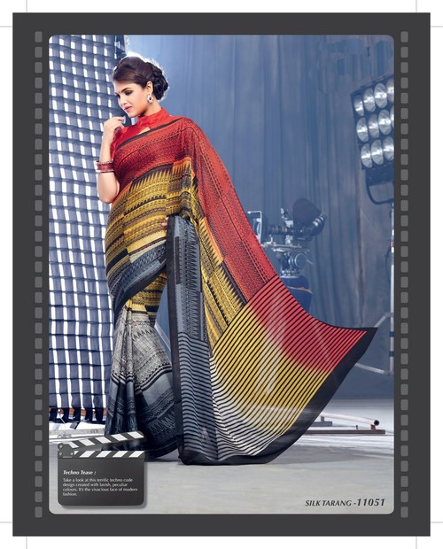 Styloce Multi Color Khayati Designer Printed Saree - Silk, 5.5 Meters, Geometric Print | Elegant Design, Soft Fabric, Vibrant Colors