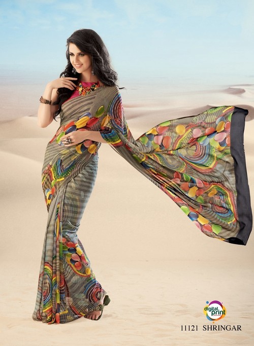 Styloce  Multi Color Shringar Creap Designer Printed saree