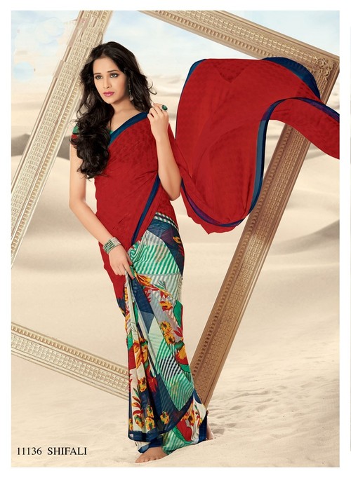 Styloce Multi Color Shifali Crepe Designer Printed Saree - Crepe, 5.5 Meters, Red | Elegant Design, Soft Fabric, Vibrant Colors, Party Wear