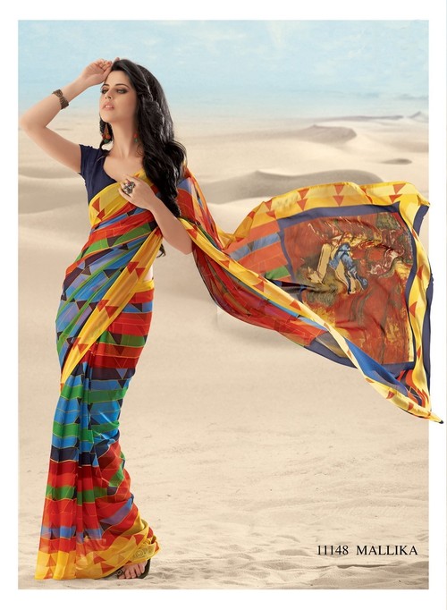 Styloce Multi Color Malika Creap Designer Printed saree