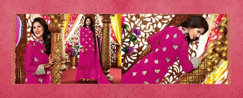 Dark Pink Georgette Designer Salwar Kameez - Floral Resham Embroidery, Kasab Sleeves, Floor Length, Wedding Wear