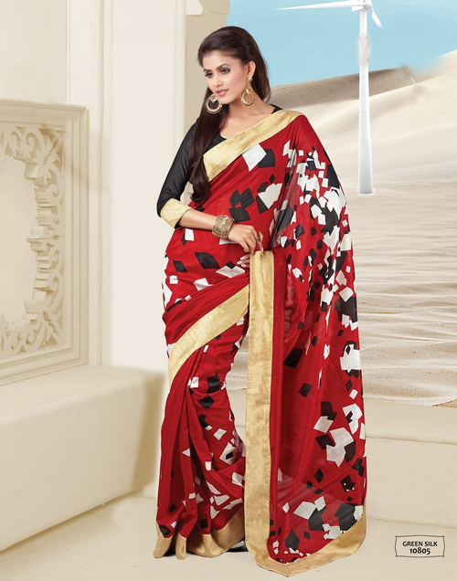 Red Green Silk Saree - Silk, 5.5 Meters, Red, Printed | Soft Texture, Elegant Design, Vibrant Color, Comfortable Fit