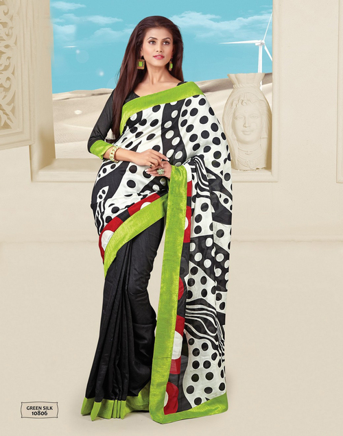 Green Silk Black Saree - Silk, 5.5 Meters, Black | Elegant Design, Soft Silk, Polka Dot Pattern, Blouse Piece Included