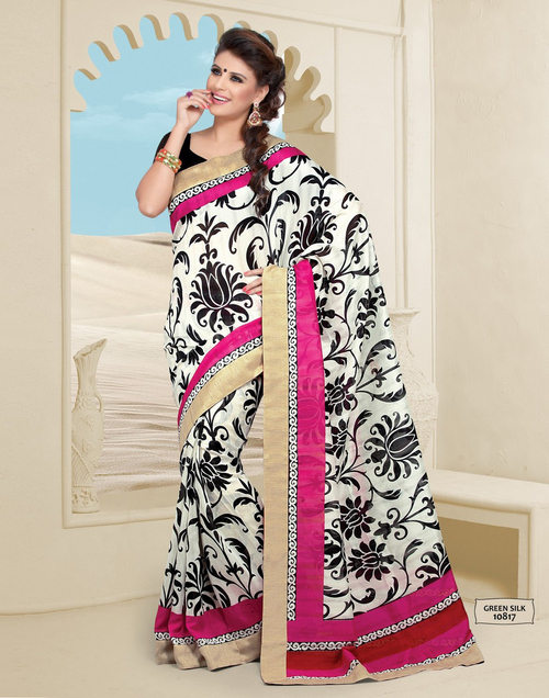 White Green Silk Saree - Silk, 5.5 Meters, White with Floral Embroidered Border | Soft Fabric, Elegant Design, Vibrant Colors, Durable Material