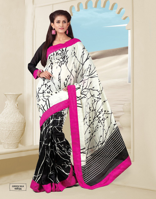 Green silk White Saree
