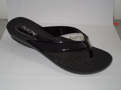 Ladies Black Slippers - Synthetic Material, Multiple Sizes, Black, Low Wedge Heel | Slip-On, Comfortable, Durable, Skin Friendly, Lightweight Rubber Sole