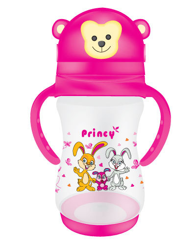 Printed Baby Straw Bottles - PP Silicone, 15x10x8cm, 200ml, Pink | Leakproof Design, Easy Grip Handles, Cartoon Design