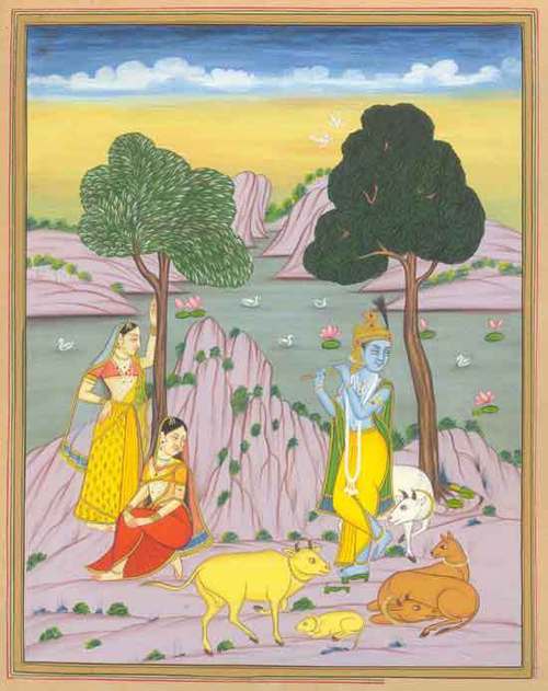 Krishna playing flute in the forest