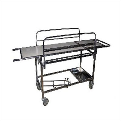 Patient Trolly STD Full SS - 210x56x82 cm, Stainless Steel | Removable Padded Stretcher, Swivel Castors, Ratchet Head Raise, Tray, IV Rod, Safety Rails