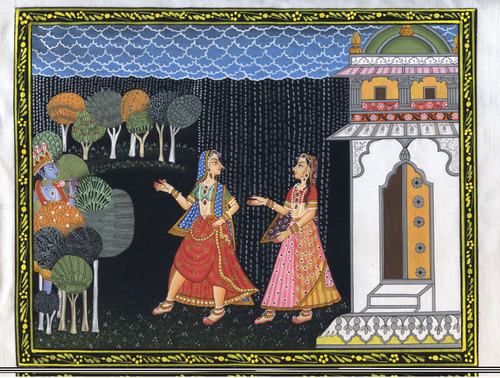 Radha Meet Krishna - Cotton Canvas Watercolor Painting, Hand-Painted Classical Portrait