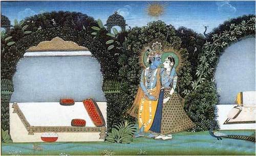 Radha  with Krishna in garden -Rajasthani painting