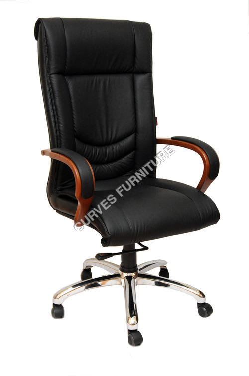 Executive Chair - Leather, Wood, Metal, Chrome Base, Black | Ergonomic Support, Adjustable Height, Lumbar Support, Caster Wheels, Durable Material