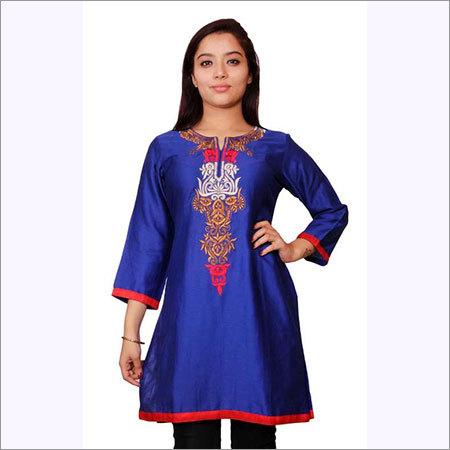 Lubaba Womans Wear Embroidered Cotton Kurti - Cotton Blend, S-XL, Blue | Stylish, Comfortable, Floral Embroidery, Knee Length, Round Neck