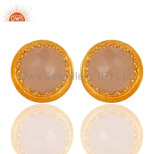 Checkerboard Crown Design Gold Plated Silver Rose Chalcedony Stud Earrings Jewelry