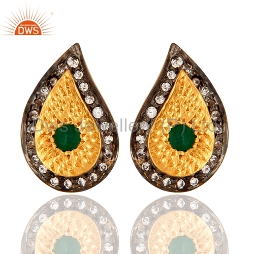18k Yellow Gold-Plated Stud Earrings - Green Aventurine with CZ Stone | Exquisite Design Highly Fashionable Perfect for Gifts and Parties