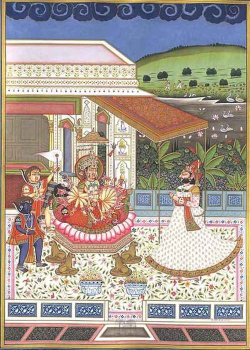 Adroration of durga attended by two bhairavas rajput painting