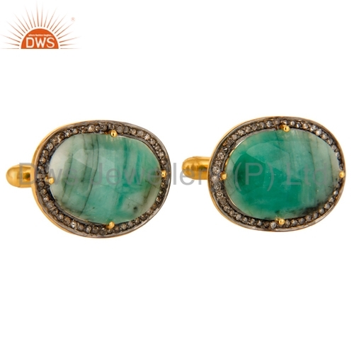 Emerald & Diamond Sterling Silver Men`s Cufflinks