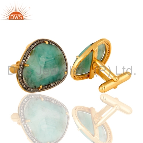 Pave Diamond Emerald Sterling SIlver Cufflinks