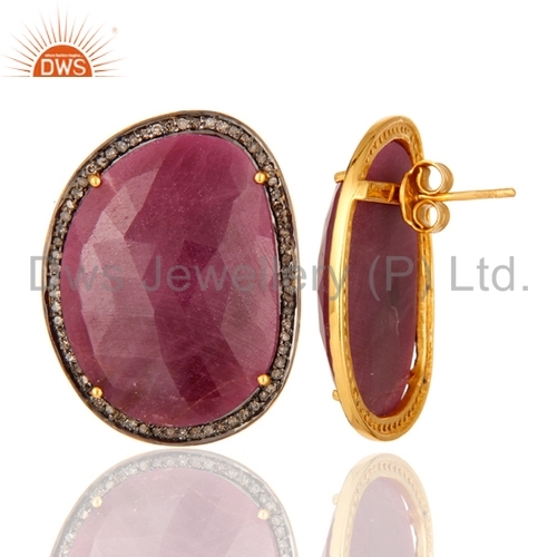 Sterling Silver Ruby Diamond Stud Earrings - 18k Gold Plated, 15.66 Gms, Red Ruby Pave | Elegant Design, Fine Craftsmanship