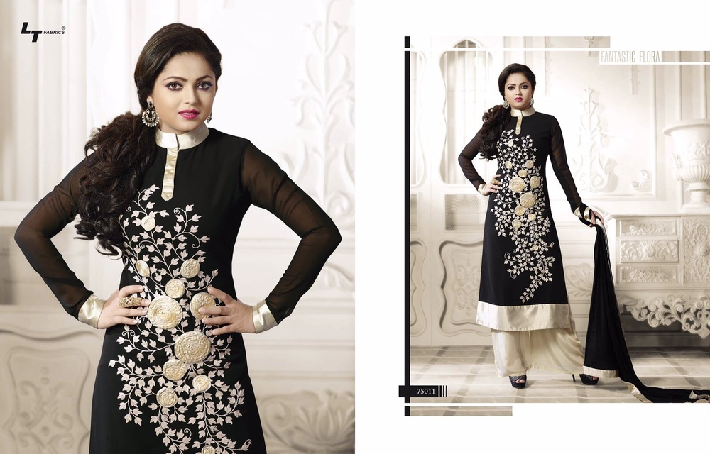 Heavy Designer Ladies Suit - Georgette Silk, 54 Inches, Black | Elegant Floral Hand Embroidery, Anarkali Style, Perfect Fit