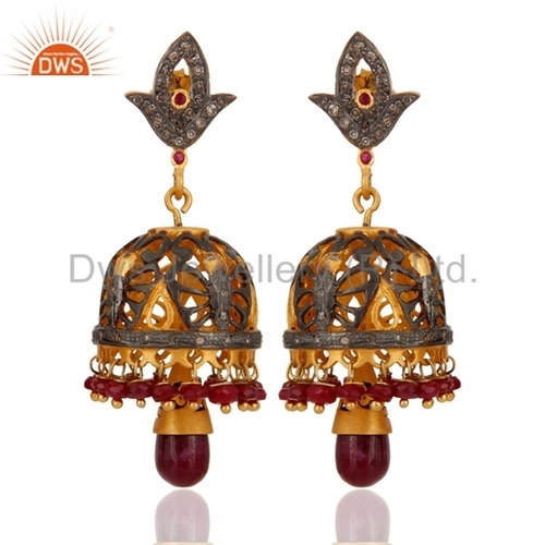 Diamond Silver Ruby And Diamond Jhumka Earrings